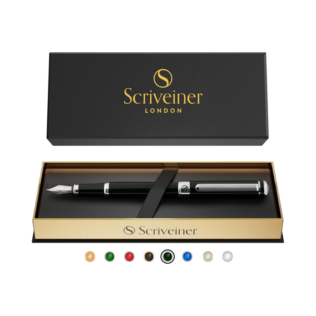 Scriveiner Black Green Fountain Pen - Stunning Luxury Pen with Chrome Finish