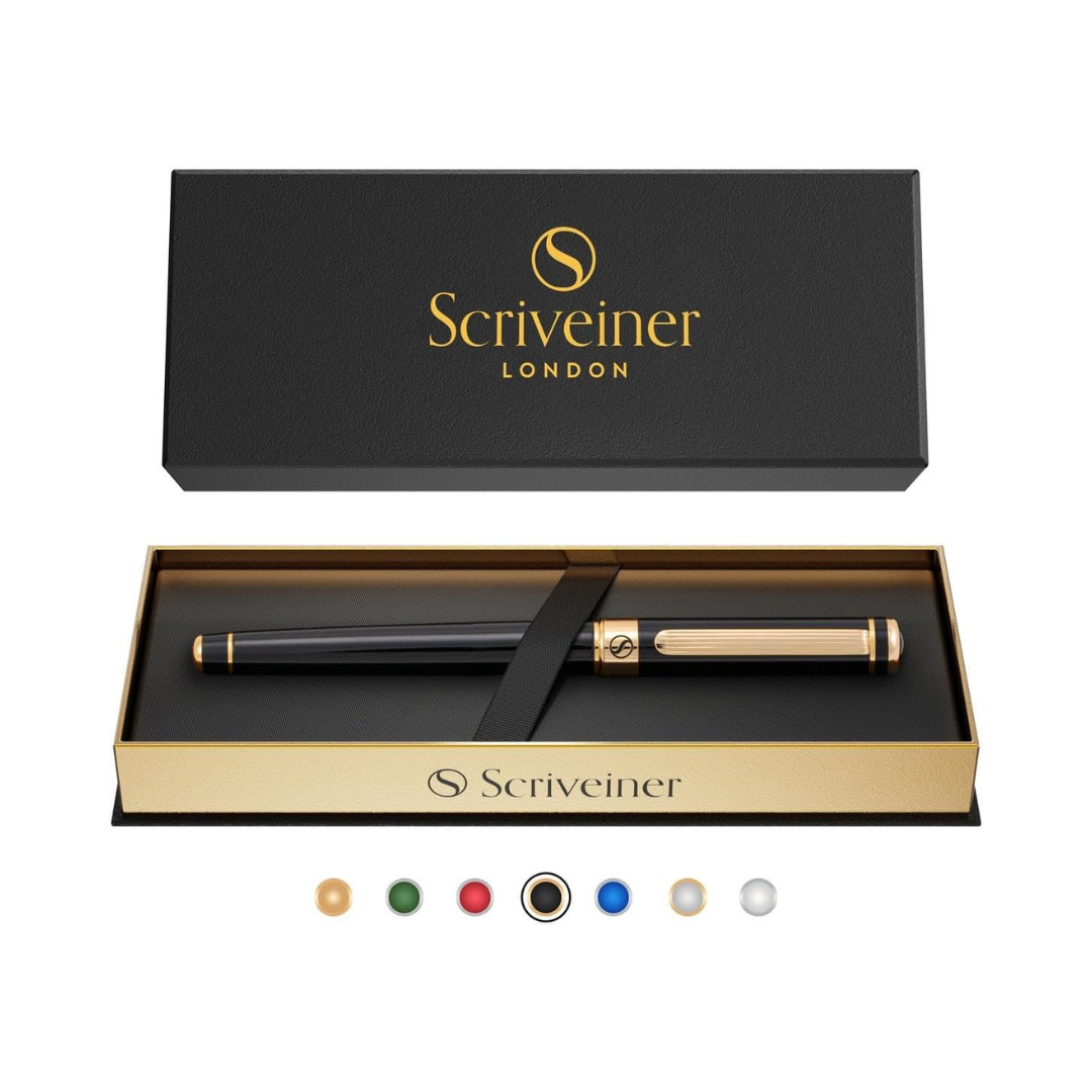 Scriveiner Black Lacquer Rollerball Pen - Stunning Luxury Pen with 24K Gold Finish