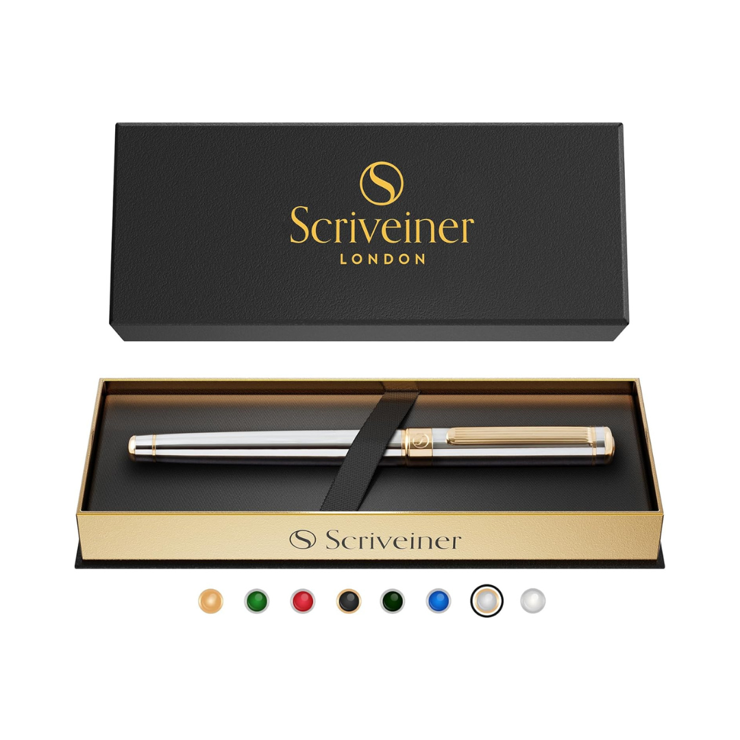 Scriveiner Silver Chrome Rollerball Pen - Stunning Luxury Pen with 24K Gold Finish