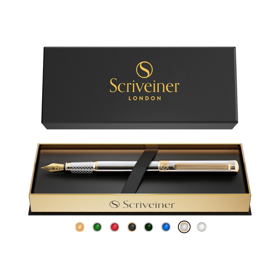 Scriveiner Silver Chrome Fountain Pen - Stunning Luxury Pen with 24K Gold Finish, Schmidt 18K Gilded Nib (Medium), Best Pen Gift Set for Men & Women, Professional, Executive Office, Nice Designer Pens