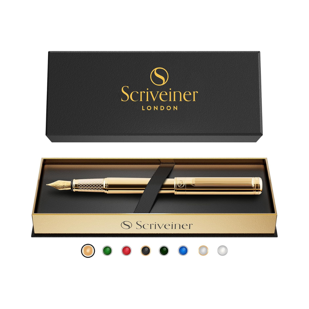 Scriveiner Luxury Fountain Pen - Stunning Gold Pen, 24K Gold Finish, Schmidt 18K Gilded Nib