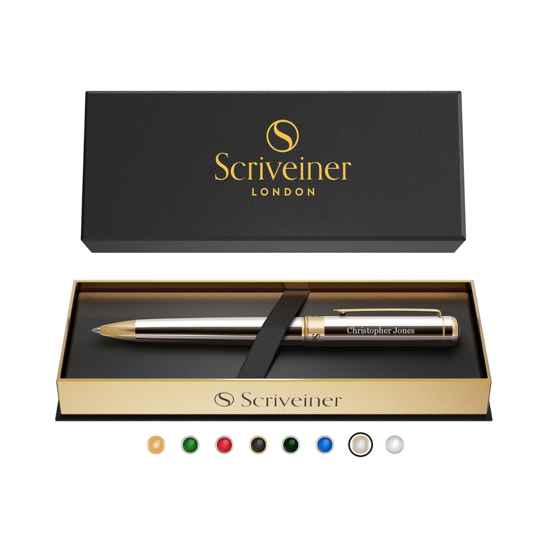 Scriveiner Silver Chrome Rollerball EDC Luxury Pen, Stunning Heavy Pocket Pen with 24K Gold Finish,