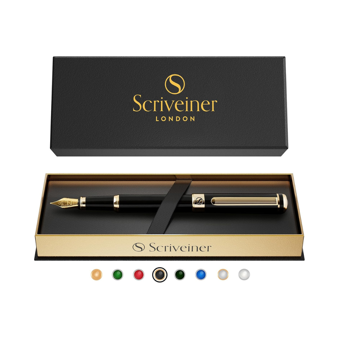 Scriveiner Luxury Fountain Pen - Stunning Black Lacquer Pen, 24K Gold Finish