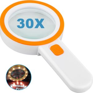 Magnifying Glass with 12 LED Lights, 30X Double Glass Lens Handheld Illuminated Magnifier Reading Magnifying Glass with for Seniors Read, Coins, Stamps, Map, Inspection, Macular Degeneration (Orange)