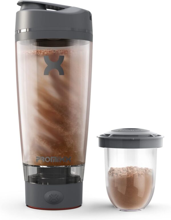 Promixx Pro Shaker Bottle | Rechargeable, Powerful for Smooth Protein Shakes | includes Supplement Storage - BPA Free | 20oz Cup (Graphite Gray)