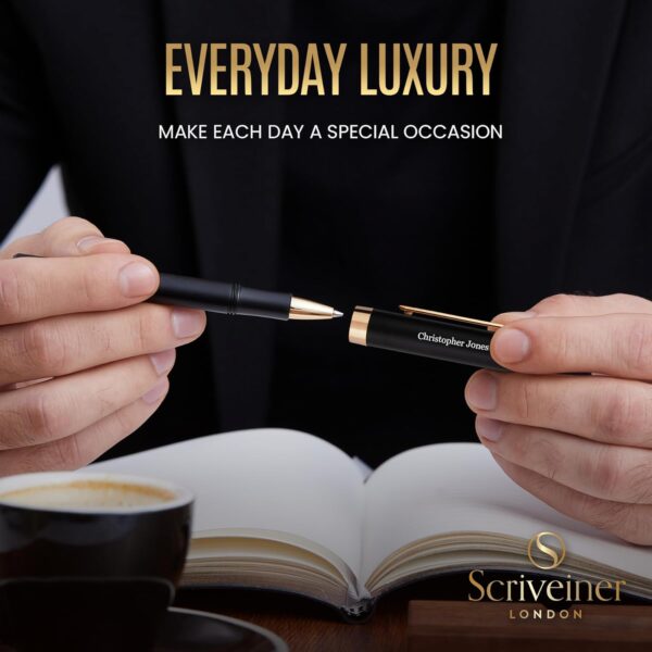 Scriveiner Personalized Black Rollerball EDC Pen, Stunning Pocket Pen with 24K Gold Finish - Image 4