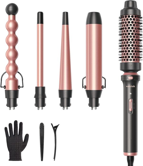 Wavytalk 5 in 1 Curling Iron,Curling Wand Set with Curling Brush and 4 Interchangeable Ceramic Curling Wand(0.5”-1.25”),Instant Heat Up,Include Heat Protective Glove & 2 Clips