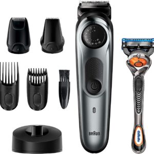 Braun Beard Detail Trimmer, Hair Clippers for Men, Cordless & Rechargeable, Mini Foil Shaver with Gillette ProGlide Razor, Silver, 10 Piece Set