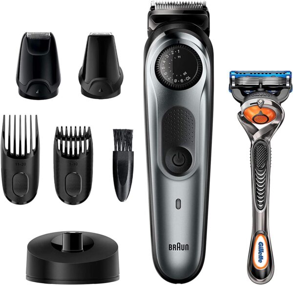 Braun Beard Detail Trimmer, Hair Clippers for Men, Cordless & Rechargeable, Mini Foil Shaver with Gillette ProGlide Razor, Silver, 10 Piece Set