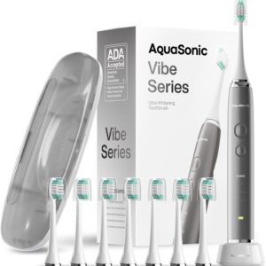 Aquasonic Vibe Series Ultra-Whitening Toothbrush – ADA Accepted Electric Toothbrush - 8 Brush Heads & Travel Case – 40,000 VPM Motor & Wireless Charging - 4 Modes w Smart Timer – Charcoal Metallic