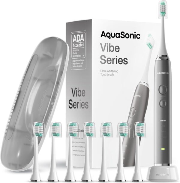 Aquasonic Vibe Series Ultra-Whitening Toothbrush – ADA Accepted Electric Toothbrush - 8 Brush Heads & Travel Case – 40,000 VPM Motor & Wireless Charging - 4 Modes w Smart Timer – Charcoal Metallic