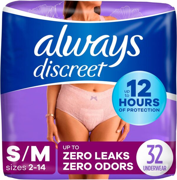 Always Discreet Incontinence & Postpartum Incontinence Underwear for Women, Small/Medium, Maximum Protection, 32 Count