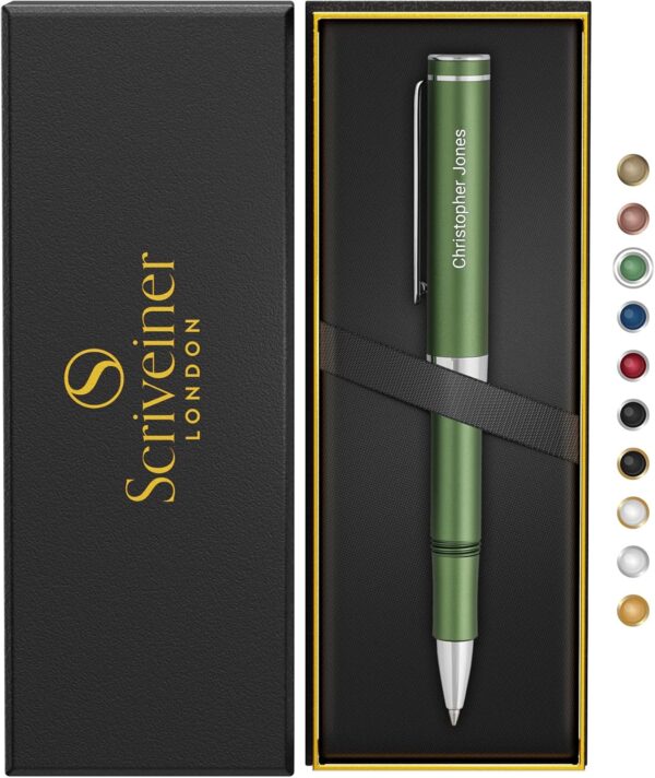 Scriveiner Personalized Green Rollerball EDC Pen, Stunning Pocket Pen with Chrome Finish