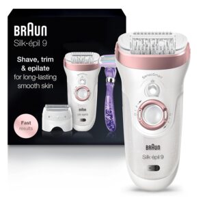 Braun Epilator Silk-épil 9 9-870, Facial Hair Removal for Women, Hair Removal Device, Wet & Dry, Women Shaver & Trimmer, Cordless, Rechargeable,.