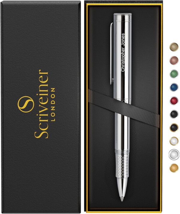 Scriveiner Personalized Silver Chrome Rollerball, Award Winning EDC Pen