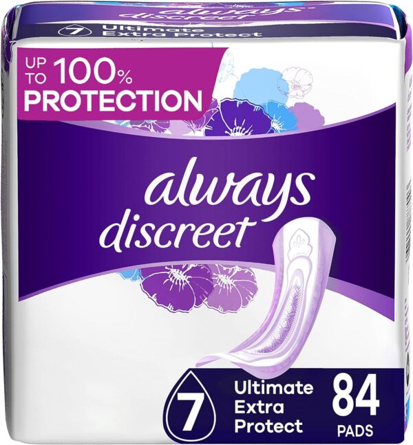 Always Discreet Adult Ultimate Extra Protection Incontinence & Postpartum Pads with Rapid Dry, 42 Count x Pack of 2 (84 Count Total) (Packaging May Vary)