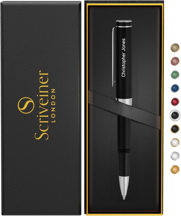 Scriveiner Personalized Black Rollerball EDC Pen, Stunning Pocket Pen with Chrome Finish