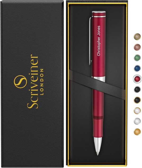 Scriveiner Personalized Red Rollerball EDC Pen, Stunning Pocket Pen with Chrome Finish