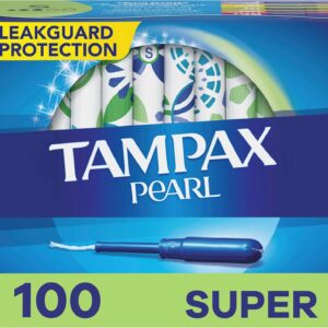 Tampax Pearl Tampons Super Absorbency,With Leakguard Braid, Unscented, 50 Count x 2 Packs (100 Count total)