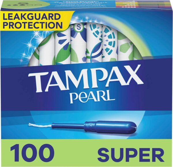 Tampax Pearl Tampons Super Absorbency,With Leakguard Braid, Unscented, 50 Count x 2 Packs (100 Count total)