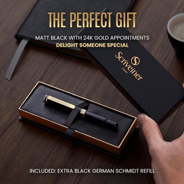 Scriveiner Personalized Black Rollerball EDC Pen, Stunning Pocket Pen with 24K Gold Finish - Image 6