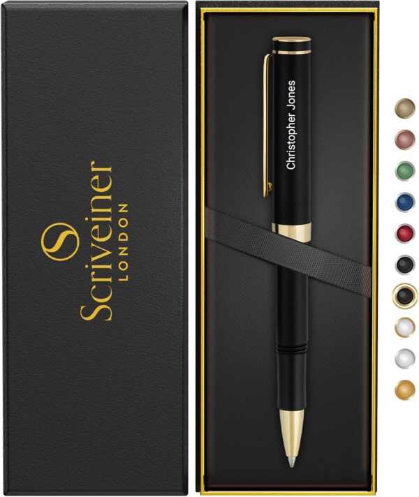 Scriveiner Personalized Black Rollerball EDC Pen, Stunning Pocket Pen with 24K Gold Finish - Image 3