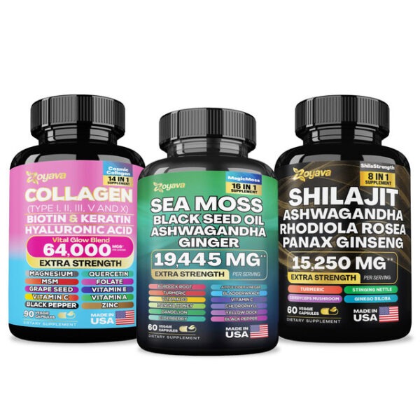 Zoyava Vitality & Radiance Trio: Sea Moss Magic, Shilajit Power, & Cosmic Collagen Complex