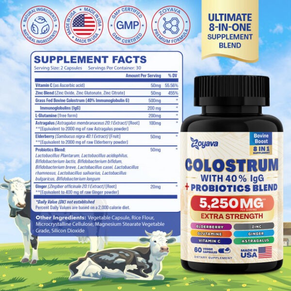 Zoyava Highly Potent Bovine Colostrum Capsules - 5250 Mg With 40% Igg & Probiotics For Immunity, Gut Health, And General Wellness - Image 2