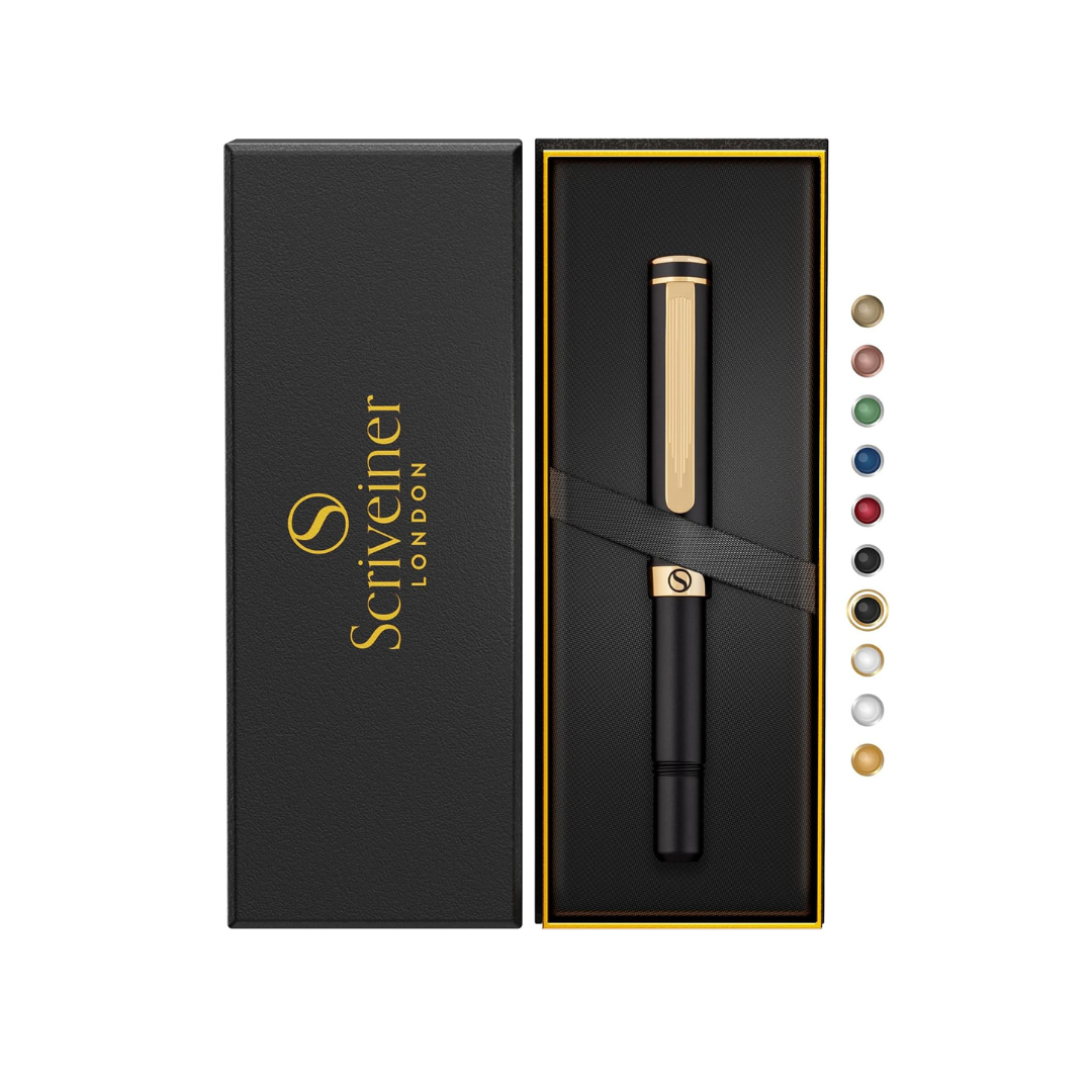 Scriveiner Black Rollerball EDC Luxury Pen, Stunning Pocket Pen with 24K Gold Finish