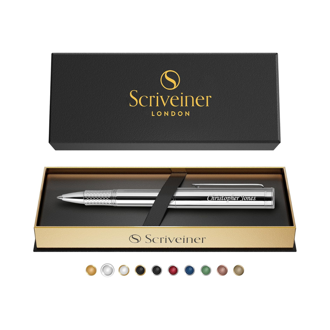 Scriveiner Personalized Silver Chrome Rollerball, Award Winning EDC Pen