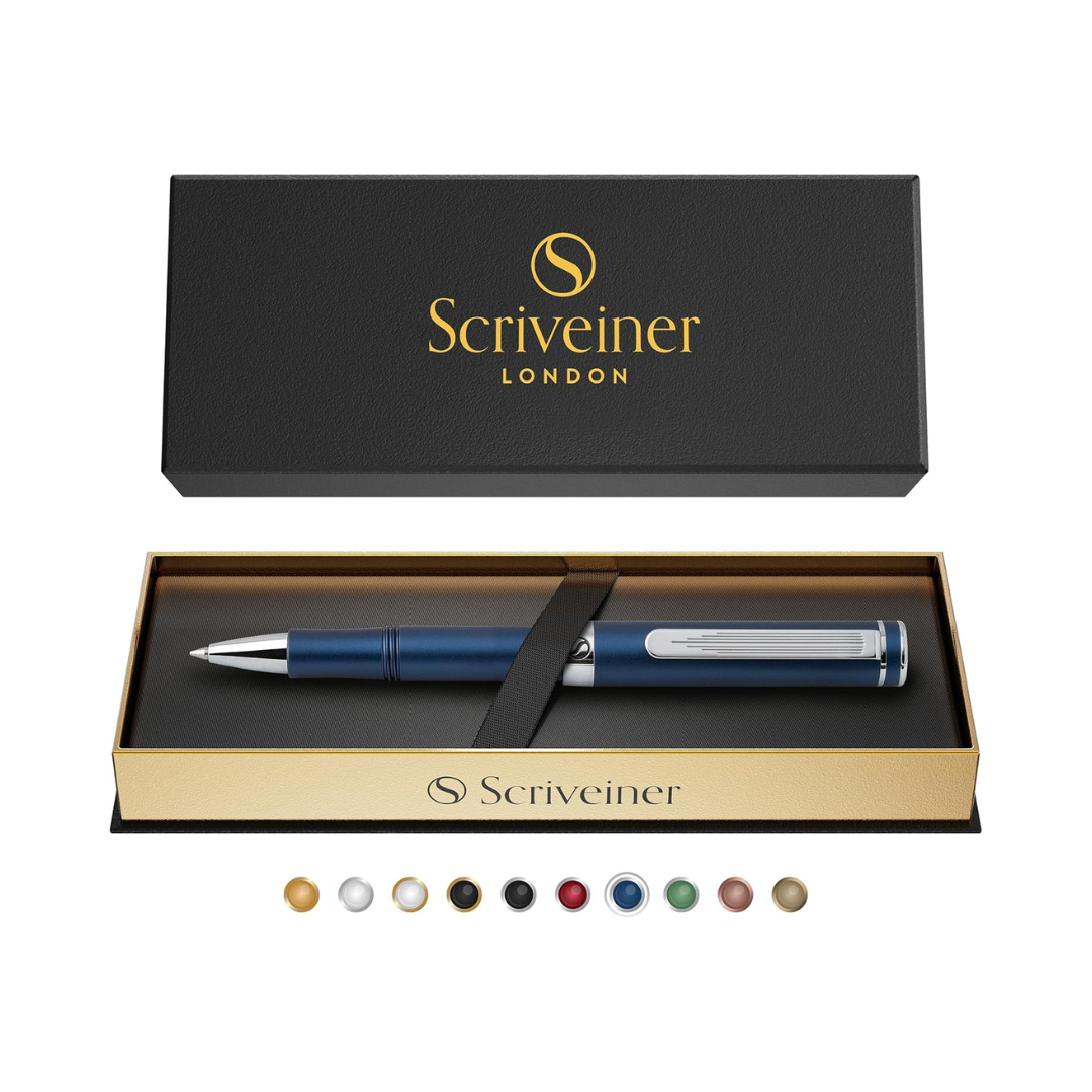 Scriveiner Blue Rollerball EDC Luxury Pen, Stunning Pocket Pen with Chrome Finish