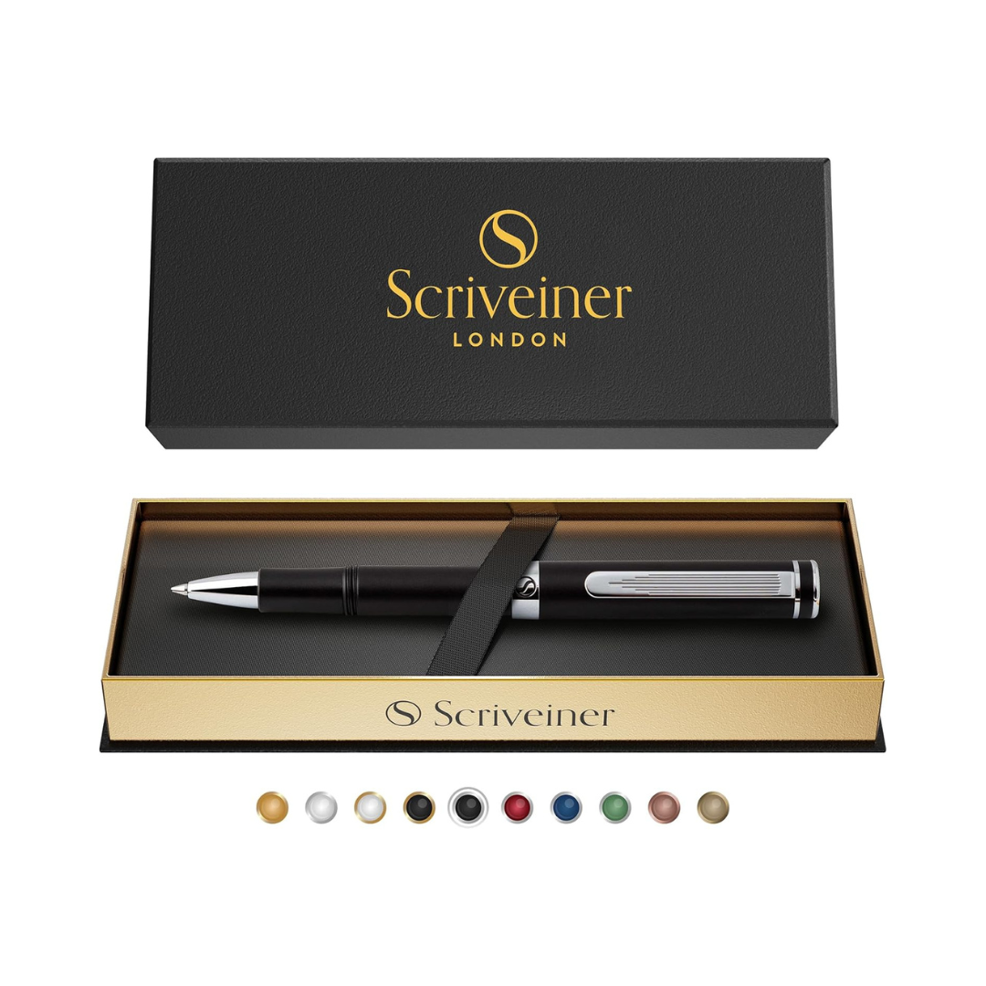Scriveiner Black Rollerball EDC Luxury Pen, Stunning Pocket Pen with Chrome Finish