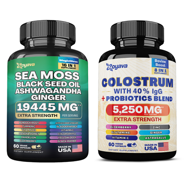 Zoyava Vitality Fusion Duo: Highly Potent Bovine Colostrum Capsules 5250Mg & Sea Moss 16-In-1 Magic Moss Super Blend Capsules 19,445Mg