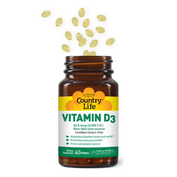 Country Life Vitamin D3 2,500 I.U. (60 softgels) - Image 2