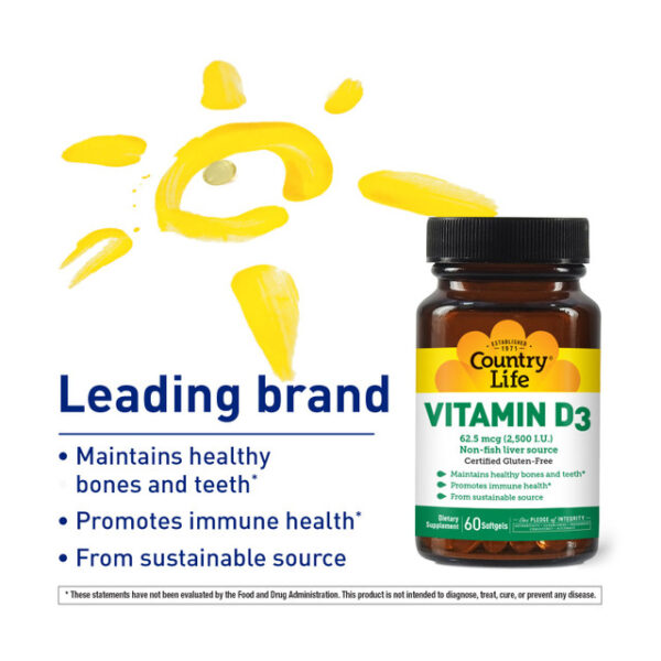 Country Life Vitamin D3 2,500 I.U. (60 softgels) - Image 3