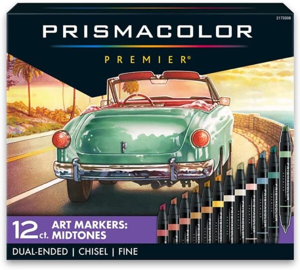 Prismacolor Premier 12-Count Dual-Ended Art Markers, Chisel and Fine Tips, Mid-Tone Colors, Professional Quality for Artists