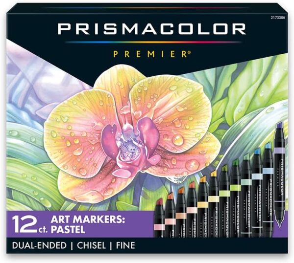 Prismacolor Premier Dual-Ended Art Markers, Chisel and Fine Tips, Pastel Colors, 12 Count Set, Ideal for Adult Coloring Books