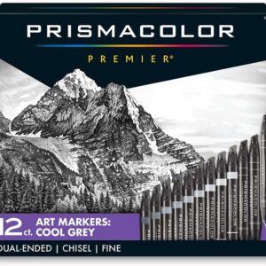 Prismacolor Premier Double-Ended Art Markers, Fine And Chisel Tip, Cool Grey, Adult Coloring, 12 Pack