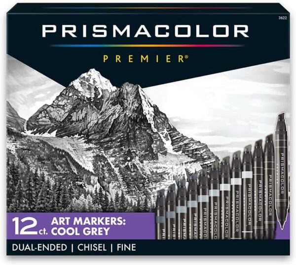 Prismacolor Premier Double-Ended Art Markers, Fine And Chisel Tip, Cool Grey, Adult Coloring, 12 Pack