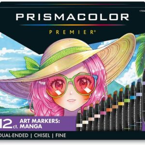 Prismacolor Premier Double-Ended Art Markers, Fine And Chisel Tip, Manga Colors, Adult Coloring, 12 Pack