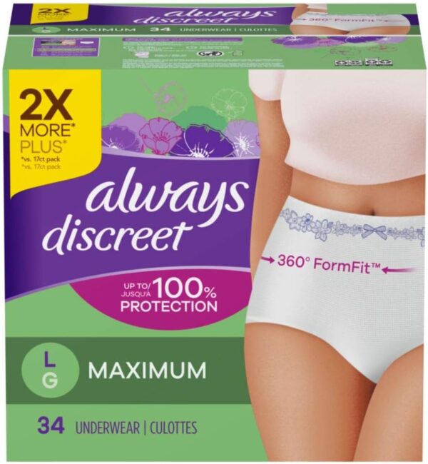 Always Discreet for Sensitive Skin Postpartum Incontinence Underwear, Size L Maximum Absorbency, 34 Count