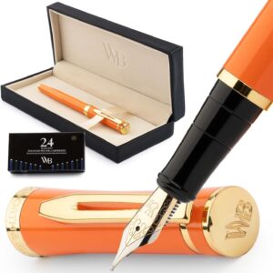 Wordsworth & Black Fountain Pen Set, 18K Gilded Medium Nib, Includes 24 Pack Ink Cartridges, Ink Refill Converter & Gift Box, Gold Finish, Calligraphy, [Orange], Perfect for Men & Women