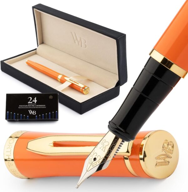 Wordsworth & Black Fountain Pen Set, 18K Gilded Medium Nib, Includes 24 Pack Ink Cartridges, Ink Refill Converter & Gift Box, Gold Finish, Calligraphy, [Orange], Perfect for Men & Women