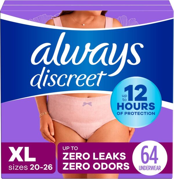 Always Discreet Adult Incontinence Underwear for Women and Postpartum Underwear, XL, Up to 100%* Bladder Leak Protection, 64 CT,