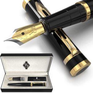 Wordsworth & Black Fountain Pen Set, 18K Gilded Medium and Fine Nibs, 6 Ink Cartridges and Refill Converter, Gift Case, Smooth Writing Pens [Black Gold], Perfect for Men and Women