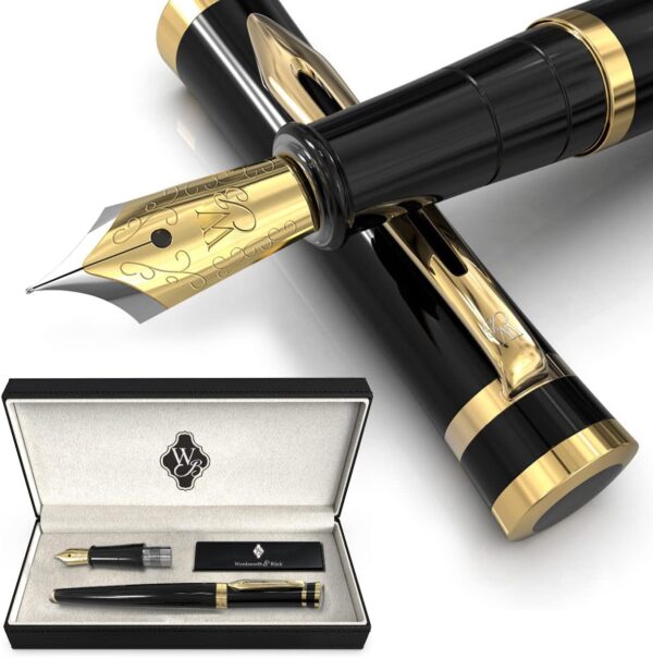 Wordsworth & Black Fountain Pen Set, 18K Gilded Medium and Fine Nibs, 6 Ink Cartridges and Refill Converter, Gift Case, Smooth Writing Pens [Black Gold], Perfect for Men and Women