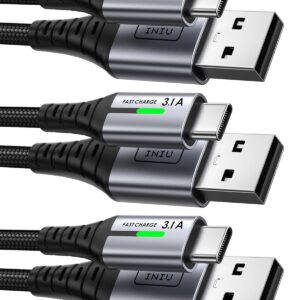 INIU USB C Cable, [3 Pack 1.6/6.6/6.6ft ] 3.1A QC3.0 Type C Charger Fast Charging, Durable Nylon USBC Charger Cables for Samsung Galaxy S22 S21 S20 S10 Plus Note 10 Google Pixel OnePlus iPhone 15 etc