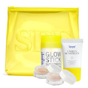 Roll over image to zoom in Supergoop! Favorites Kit - Unseen Sunscreen (0.5 fl oz), Glow Stick (1.23 oz), First Light Shimmershade & Golden Hour Shimmershade - Makes a Great Gift