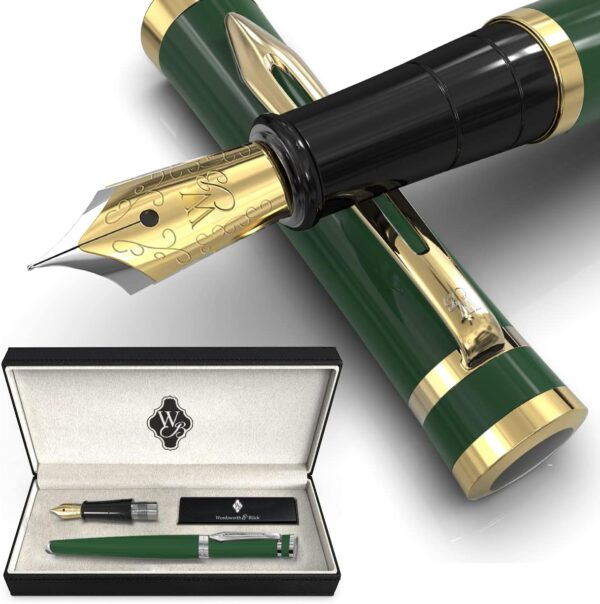 Wordsworth & Black Fountain Pen Set, 18K Gilded Medium and Broad Nibs, 6 Ink Cartridges and Refill Converter, Gift Case, Smooth Writing Pens [Racing