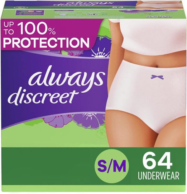 Always Discreet Adult Incontinence & Postpartum Underwear For Women, Size Small/Medium, Maximum Absorbency, Disposable, 32 Count x 2 Packs (64 Count total) (Packaging May Vary)